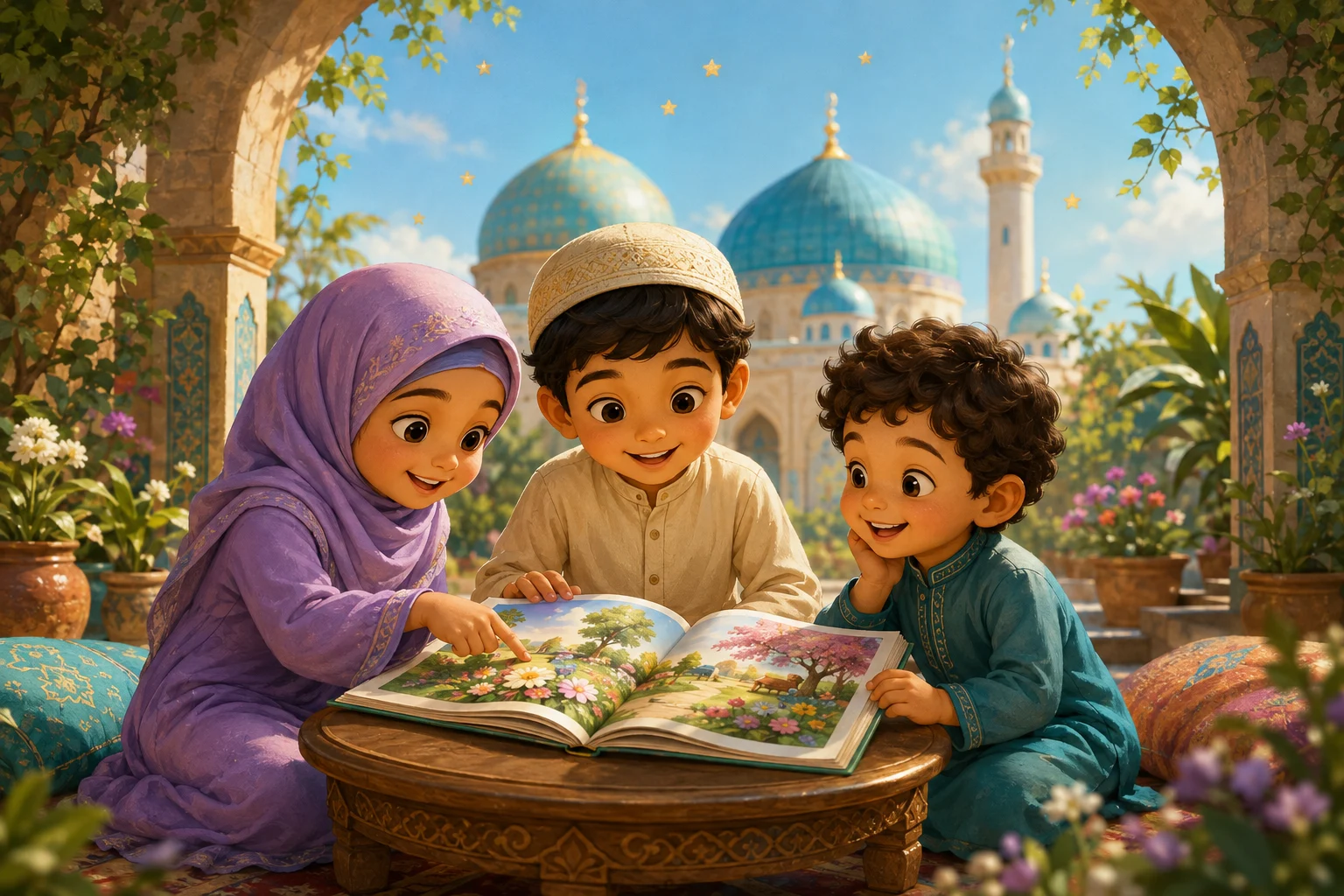 Muslim children sharing a story in a colourful garden with a mosque in the distance